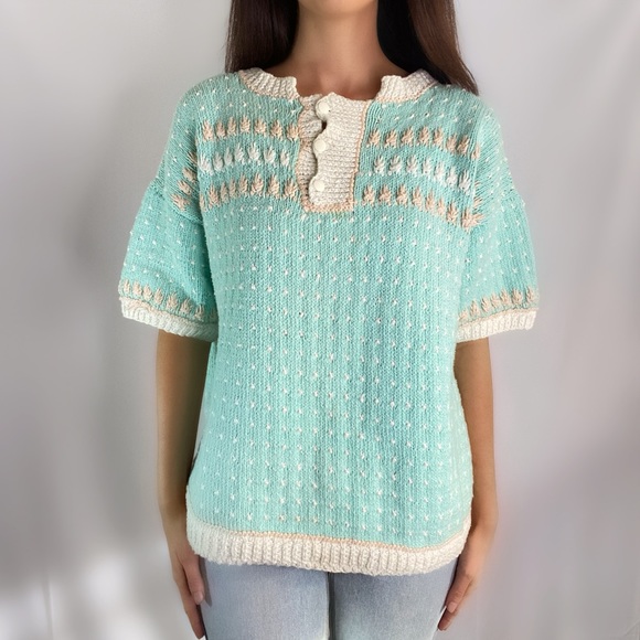 Vintage Sweaters - Vintage 70s crochet knit pastel kawaii sweater top short sleeve shirt handmade